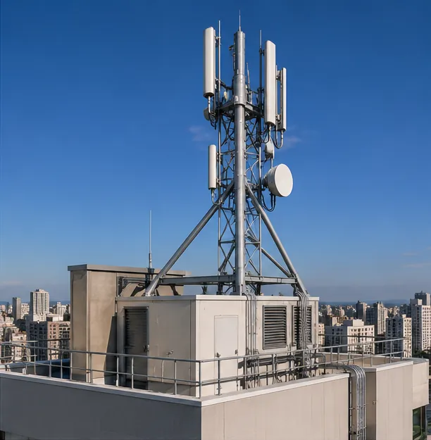 Mastro treliçado com antenas e micro-ondas sobre edifício, com a cidade ao fundo