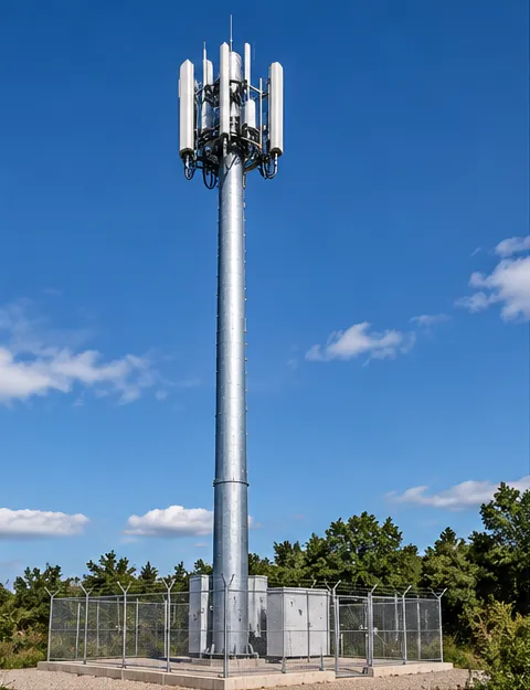 Poste metálico tubular com antenas no topo e área cercada de equipamentos
