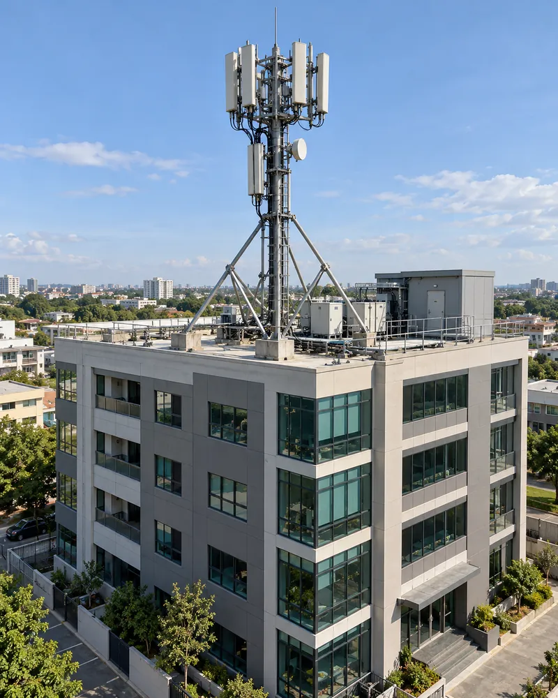 Mastro treliçado com mãos-francesas e antenas sobre a cobertura de um edifício