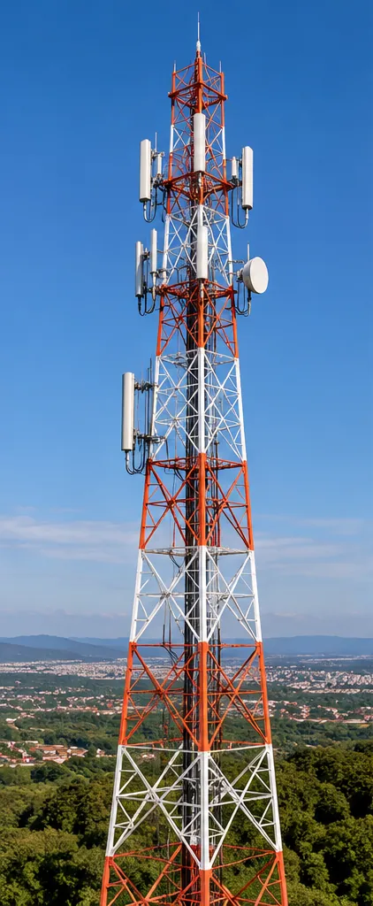 Torre treliçada autoportante pintada em faixas laranja e branca, com antenas e micro-ondas em vários níveis