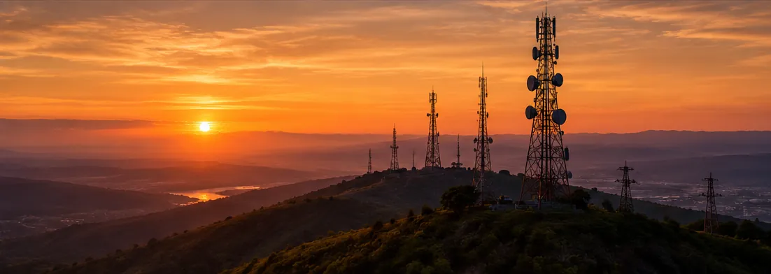 Torres de telecomunicações em silhueta no topo de um morro ao pôr do sol